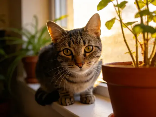 窗台上短毛虎斑猫与绿植场景