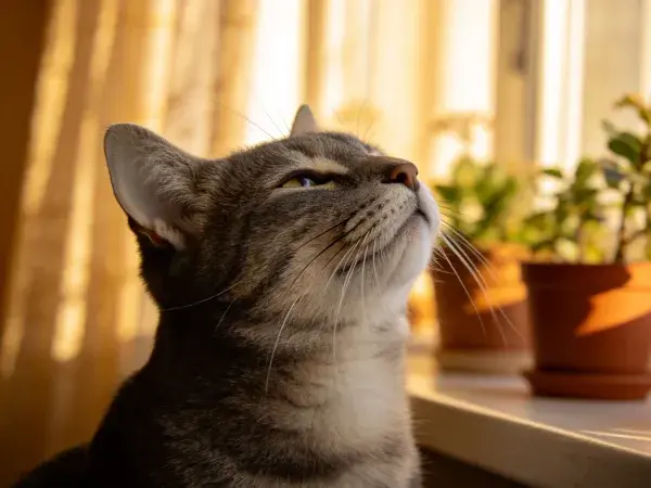 窗边光影下的短毛虎斑猫特写