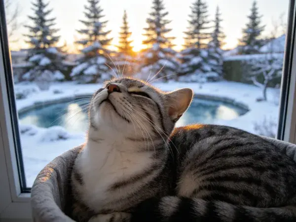 阳光下窗边的短毛虎斑猫休憩图