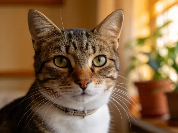 阳光下室内环境中的短毛虎斑猫特写