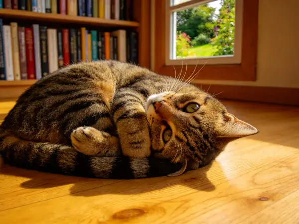 室内窗边短毛虎斑猫躺卧场景