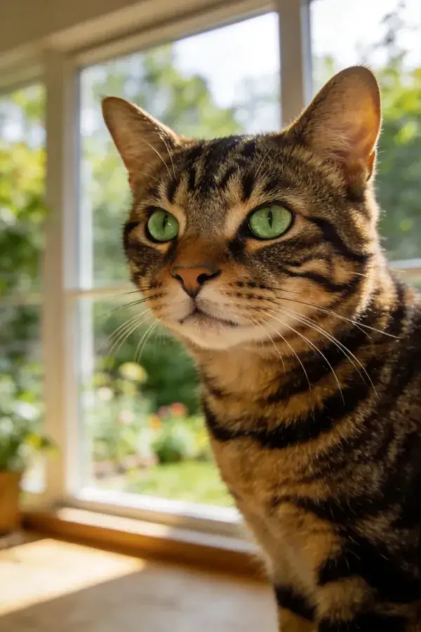 窗边凝视的短毛虎斑猫