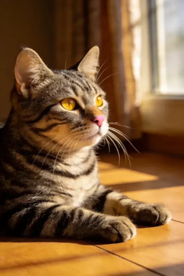 室内阳光下短毛虎斑猫眺望