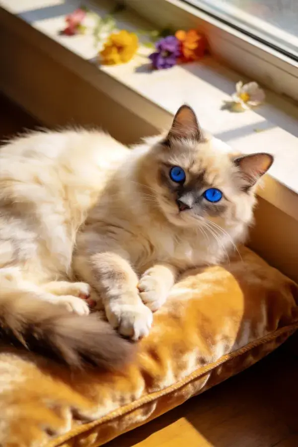 窗边绒垫上的布偶猫与彩色花卉