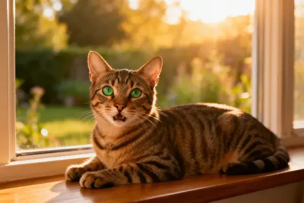 窗台暖光中的虎斑短毛猫