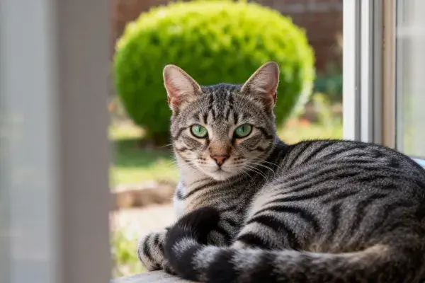 窗边花园里的虎斑纹短毛猫