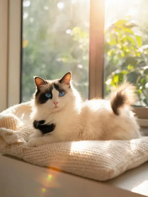 窗边暖光下的双色长毛猫