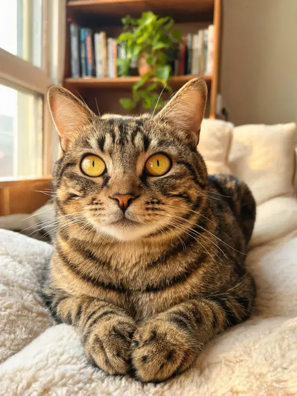 室内暖光下虎斑短毛猫躺卧特写
