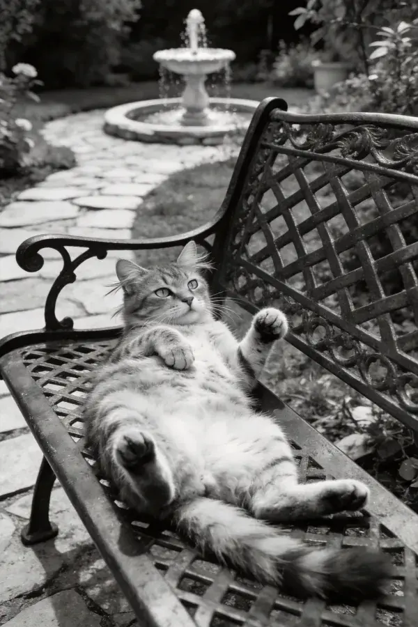 长毛虎斑猫躺卧在花园铁艺长椅