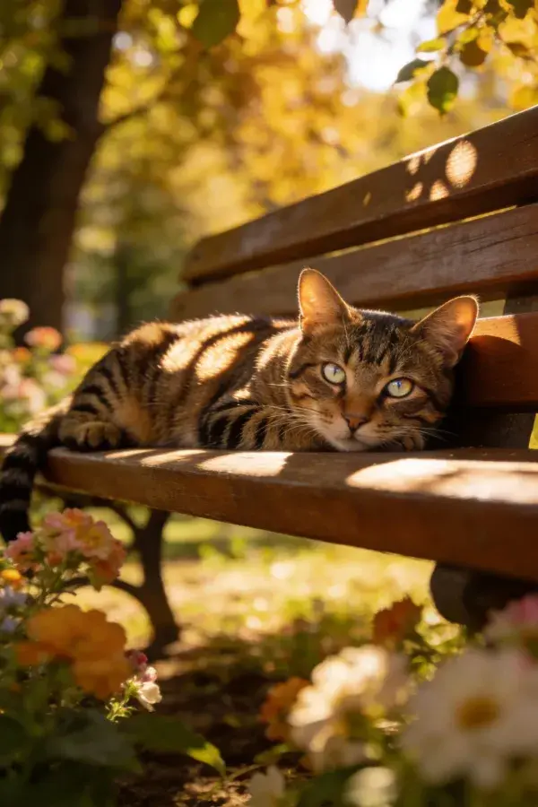 公园长椅上的虎斑纹短毛猫