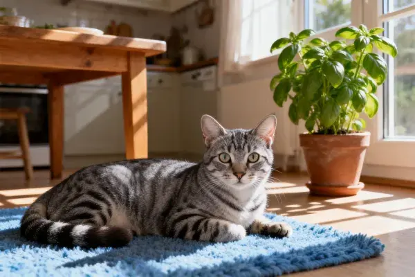 室内暖光下灰虎斑猫与厨房景致