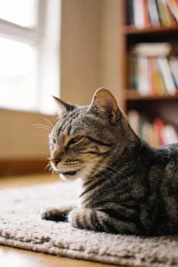 室内书架旁地毯上的短毛虎斑猫