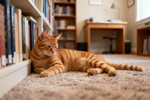 室内书架旁短毛橙虎斑猫休憩场景