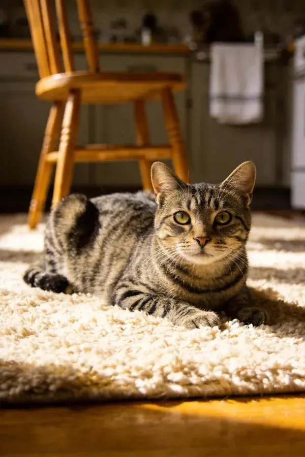 阳光下地毯上的短毛虎斑猫