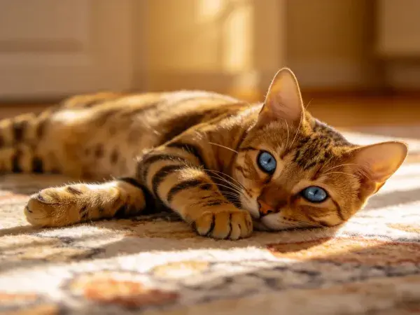室内暖光下孟加拉猫躺卧场景