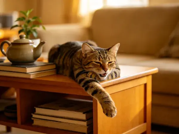 阳光下木质桌面的虎斑猫休憩场景