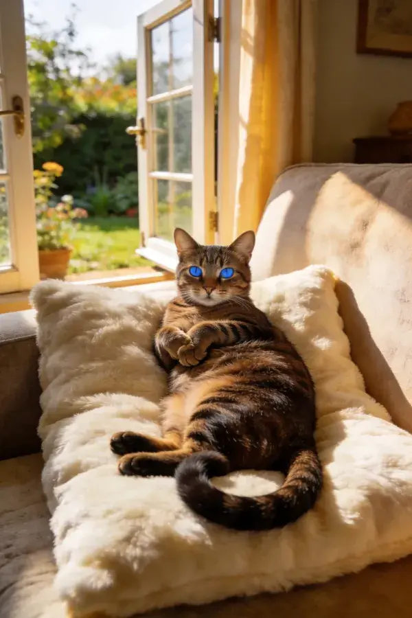 室内阳光下虎斑猫躺卧场景
