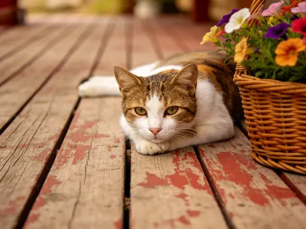 三色短毛家猫静卧露台