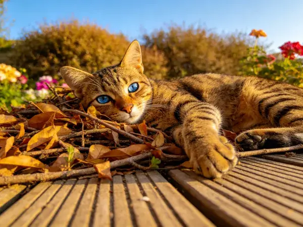 露天木平台上蓝眼睛短毛虎斑猫休憩场景