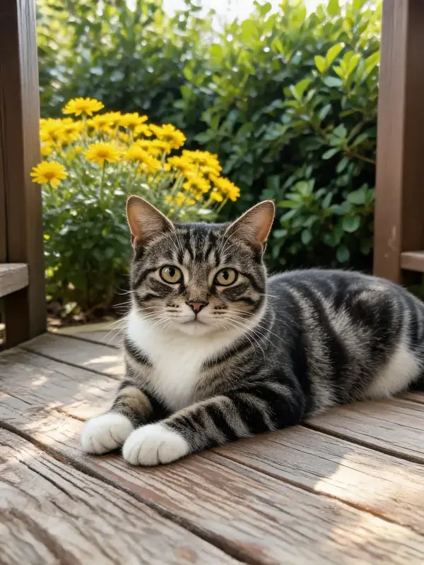 木质平台上的虎斑短毛猫休憩画面
