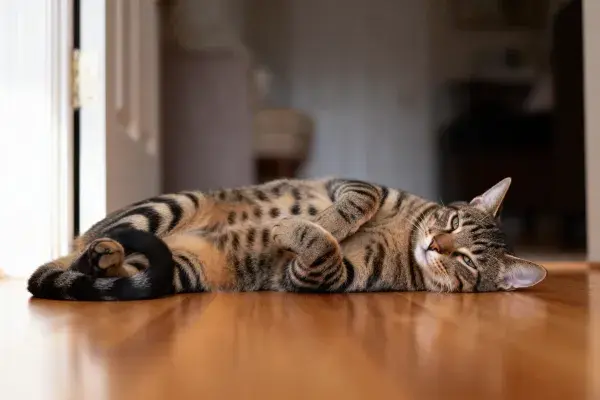 室内木质地面上的短毛虎斑猫