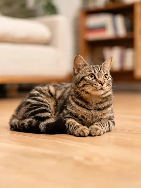 客厅地板上的短毛虎斑猫