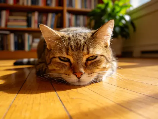 阳光下虎斑短毛家猫安静休憩场景
