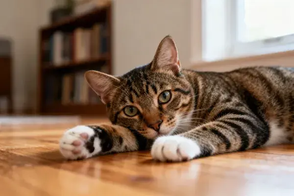 室内木质地板上的短毛虎斑猫