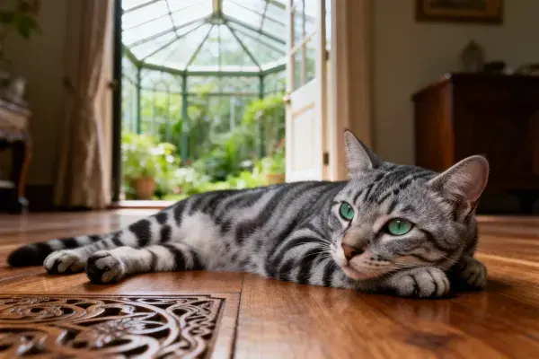 室内木地板处银色孟加拉猫
