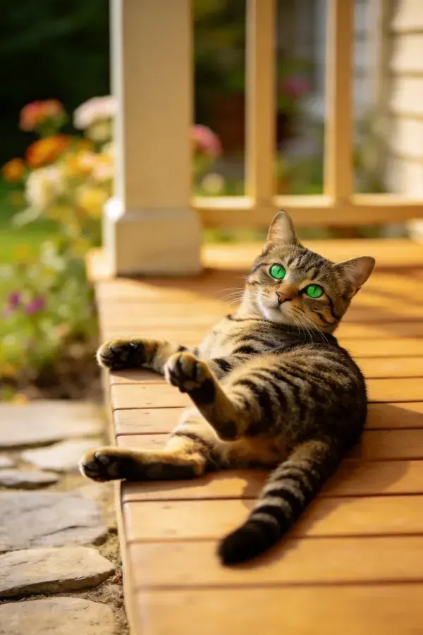 木质平台上放松的短毛虎斑猫