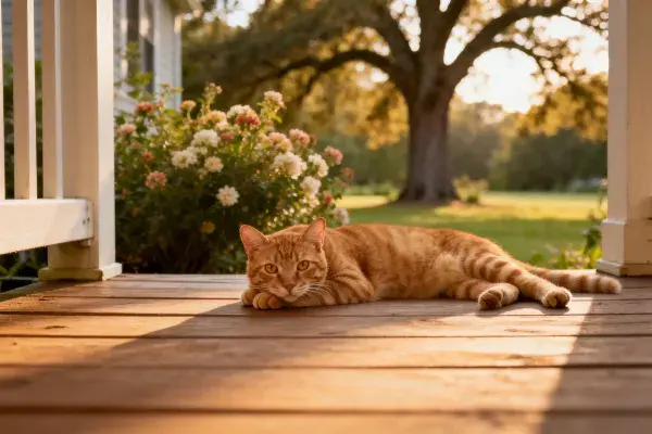 阳光洒落的木廊橘猫休憩图