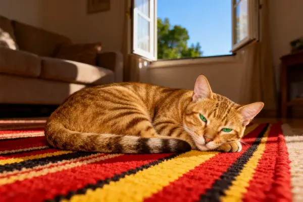短毛虎斑猫静卧彩毯间