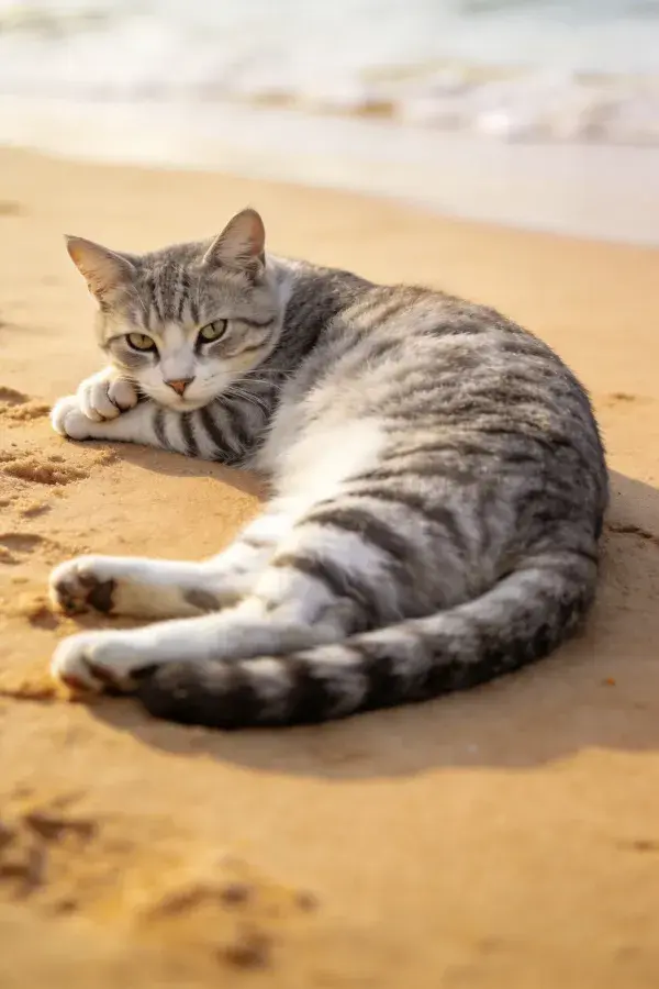 灰黑条纹短毛家猫在海滩沙地侧卧休息