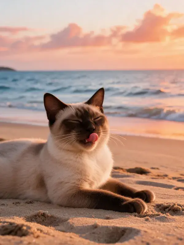 海滩日落时暹罗猫的休憩场景