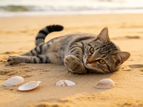 海滩上短毛虎斑猫躺卧场景