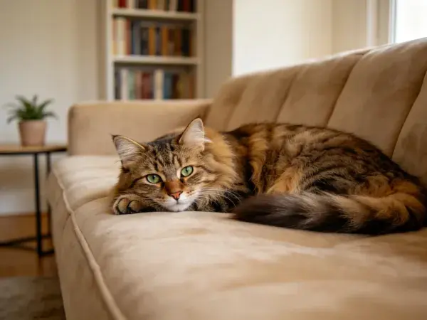 长毛虎斑猫慵懒趴卧沙发