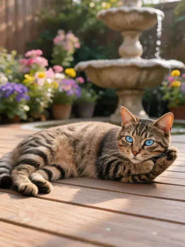 庭院木板上休息的斑纹短毛猫