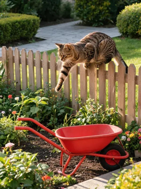 虎斑猫跳越木栅栏入花园场景