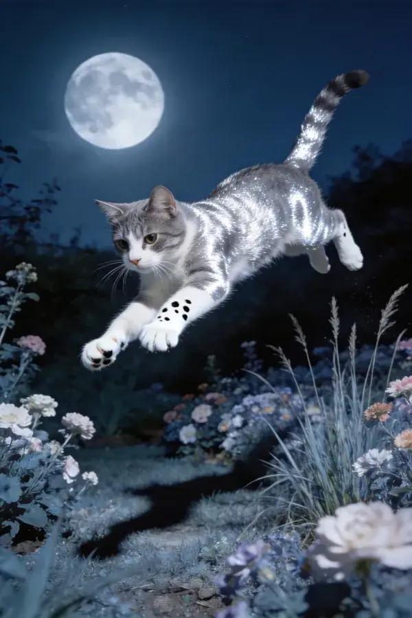 银灰白短毛家猫月夜花园跃动