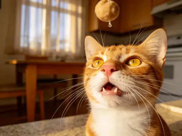 短毛家猫注视悬挂食物