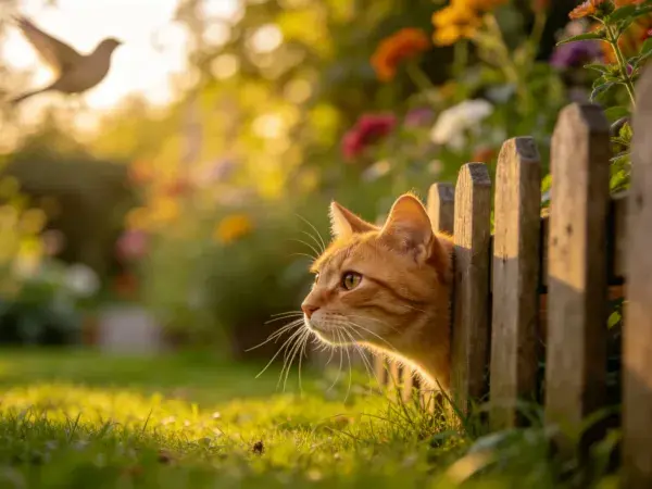 阳光花园中橘色短毛猫探身场景