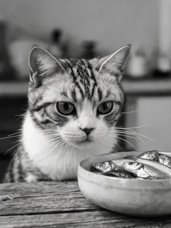 短毛虎斑猫注视陶碗小鱼