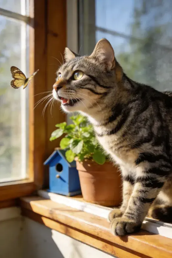 虎斑短毛家猫凝视彩蝶
