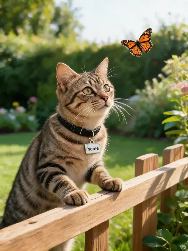 短毛虎斑猫于木栅栏处眺望蝴蝶