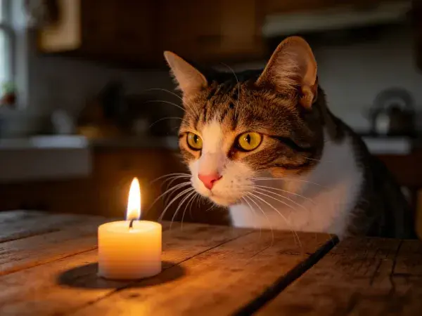 木桌旁短毛家猫注视蜡烛火焰场景