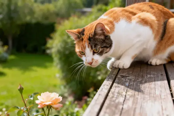 三色短毛家猫凝视花园花卉