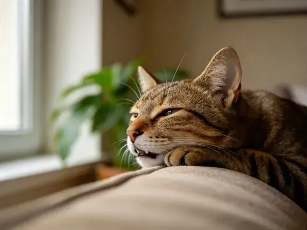 短毛虎斑猫靠窗休憩场景