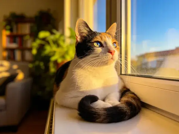 三色短毛家猫窗台休憩特写