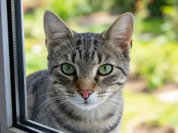 窗边短毛虎斑猫特写镜头