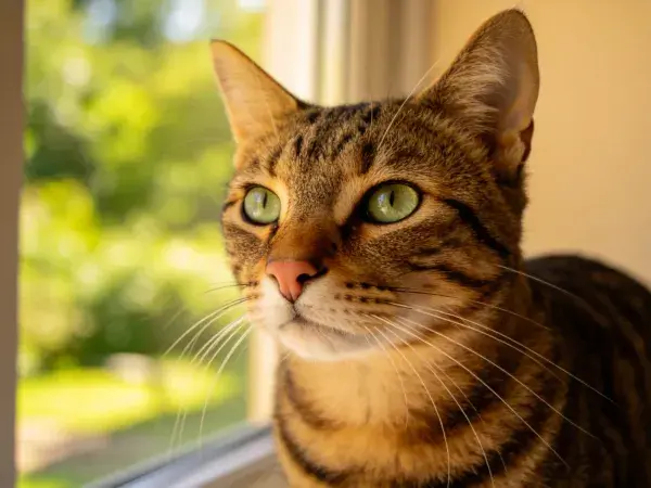 窗边阳光下的虎斑猫特写